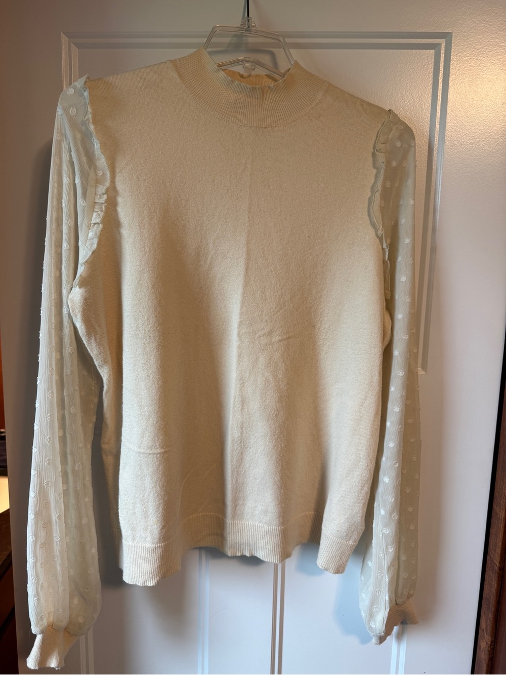 Cream Sheer-Sleeve Mock Neck Sweater Top